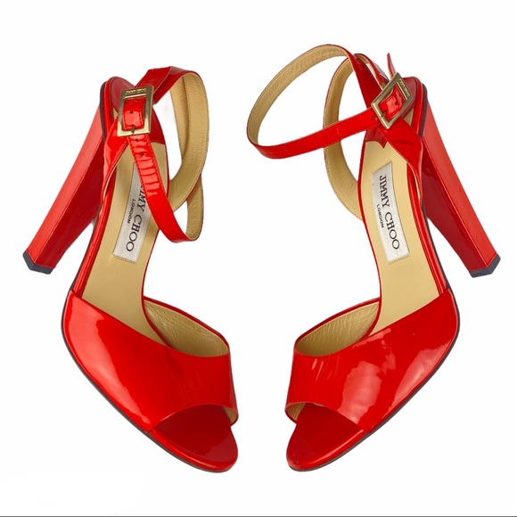 Jimmy Choo Shoes - Jimmy Choo Red Patent Pepper Peep Toe Block Heels
